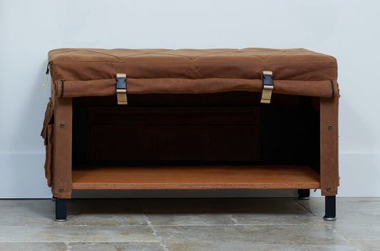 Saddle brown waxed canvas bench with pleated top